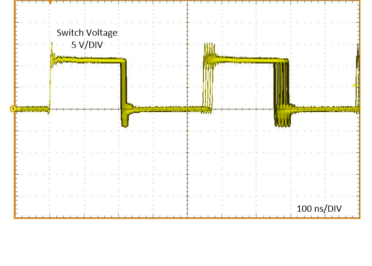 LM63615-Q1 LM63625-Q1 有展频的典型 PWM 开关波形，VIN = 12V，VOUT = 5V，IOUT = 2.5A，ƒSW = 2100kHz