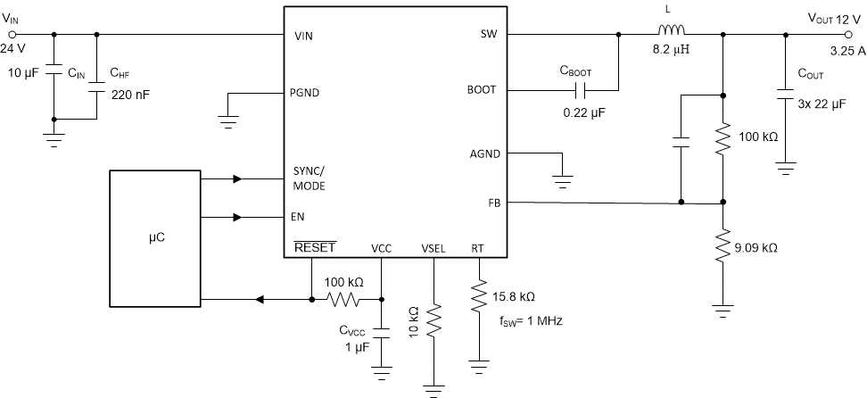 LM63635-Q1 全功能设计示例 VIN = 24V，VOUT = 12V，IOUT = 3.25A，ƒSW = 1MHz