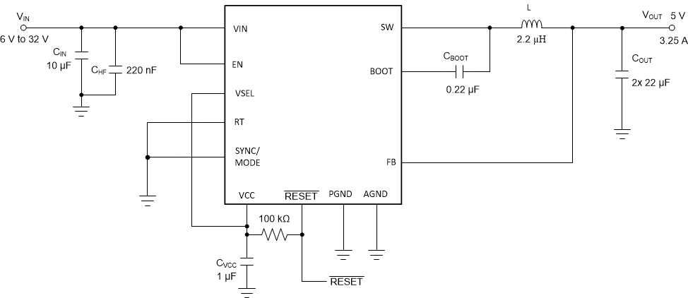 LM63635-Q1 示例应用电路 VIN = 12V、VOUT = 5V、IOUT = 3.25A、ƒSW = 2.1MHz