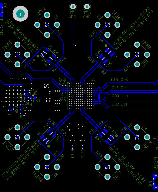 ADC12QJ1600-Q1 ADC12DJ1600-Q1 ADC12SJ1600-Q1 Top Layer Routing: Analog Inputs (INA±, INB±, INC±, IND±), TMSTP± and D[3:0]± Routing