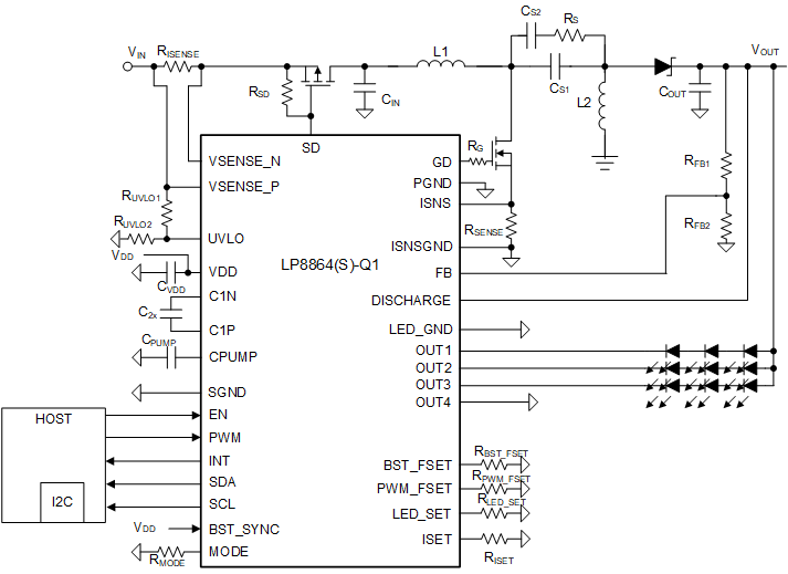 LP8864-Q1 SEPIC Mode with Three LEDs in Series