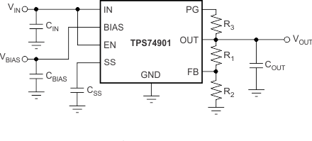 TPS74901 典型应用电路（可调节）