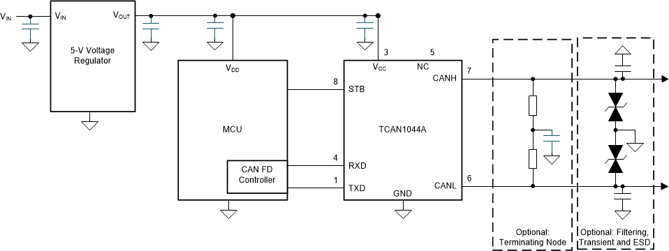 TCAN1044A-Q1 Transceiver Application Using 5V IO Connections