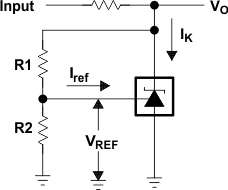 TLV431A-Q1 TLV431B-Q1 针对 VKA > VREF、VO = VKA = VREF × (1 + R1/R2) + Iref × R1xxxxxxxxx 的测试电路