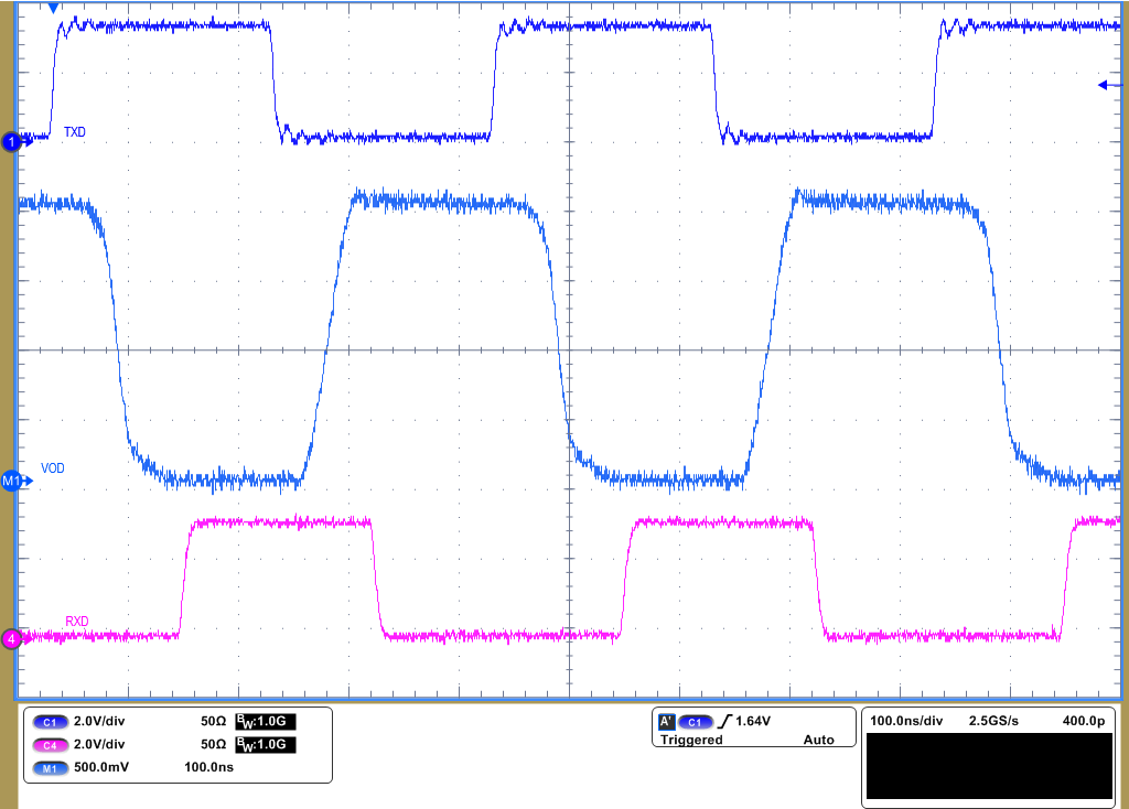 TCAN3404-Q1 TCAN3403-Q1 TXD_Vod_RXD waveforms for
                        60Ω load at 5Mbps toggling