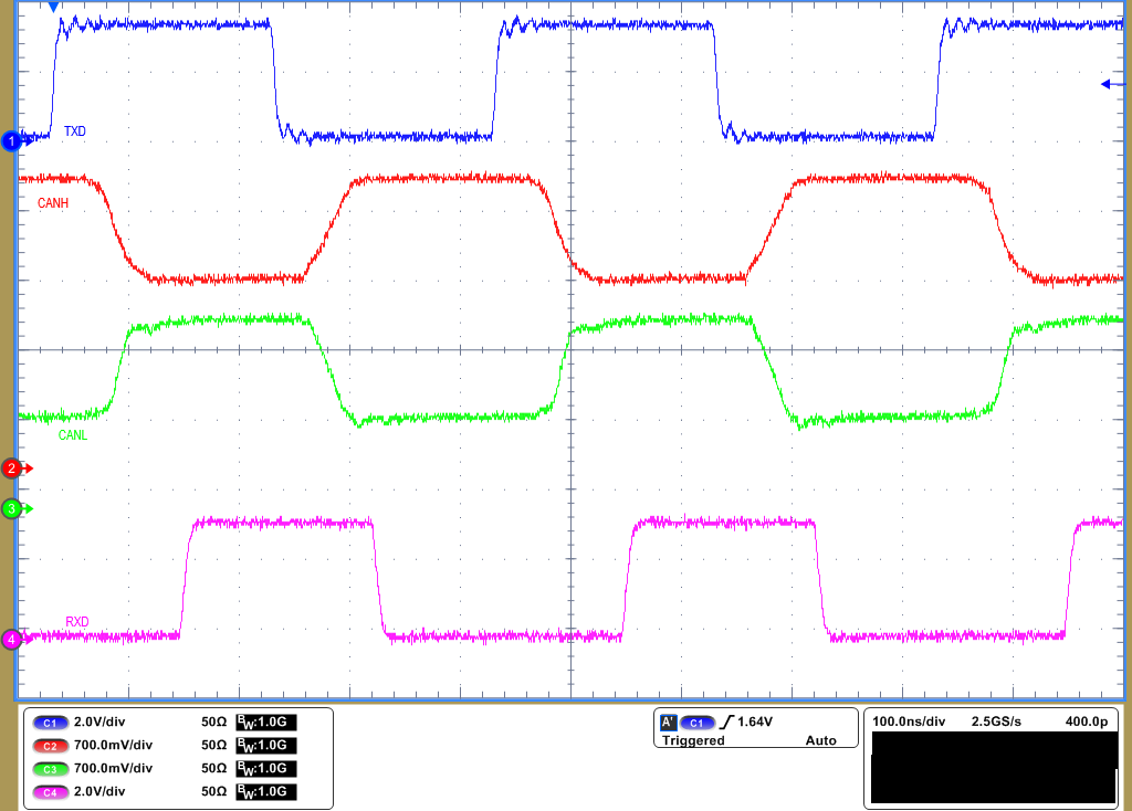 TCAN3404-Q1 TCAN3403-Q1 TXD_CANH_CANL_RXD
                        waveforms for 60Ω load at 5Mbps toggling