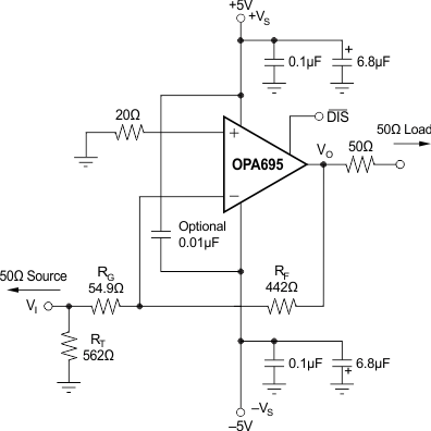 OPA695 DC-Coupled, G = –8 V/V, Bipolar Supply Specifications and Test Circuit