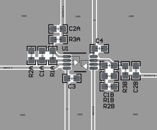 TLV9161-Q1 TLV9162-Q1 TLV9164-Q1 VSSOP-8 (DGK) 封装的布局示例