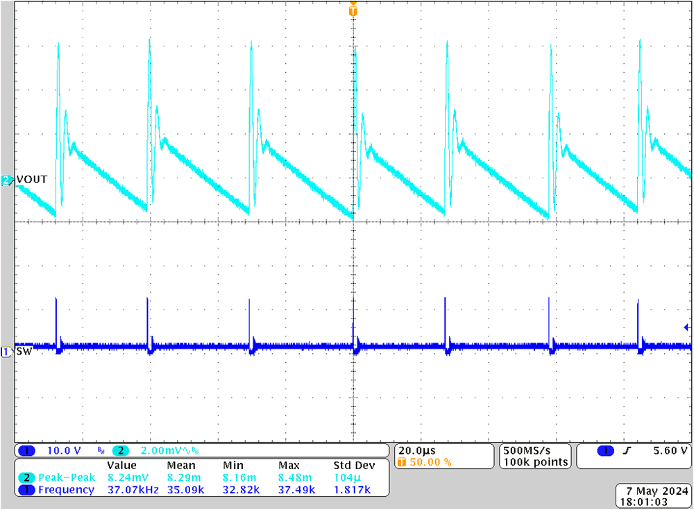 TPS546E25 输出电压纹波，1.2V Vout，800kHz DCM，空载