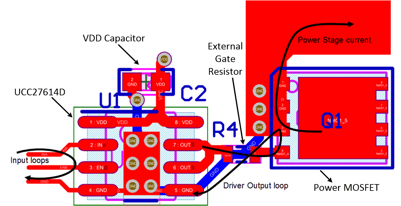 UCC27614-Q1 布局示例：UCC27614-Q1