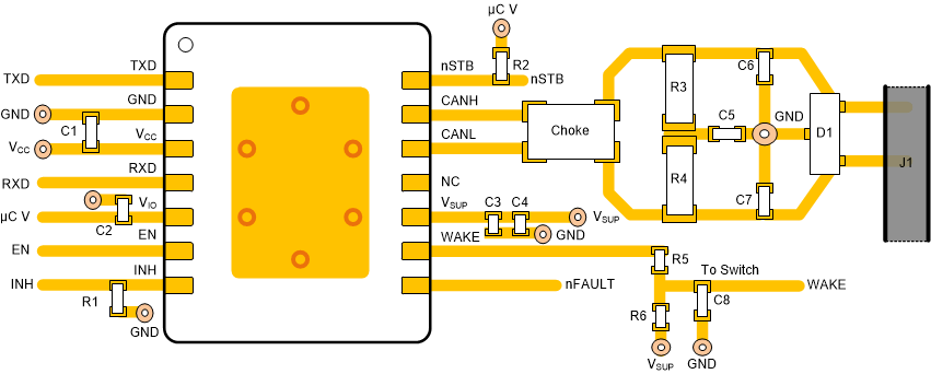 TCAN1043N-Q1 示例布局