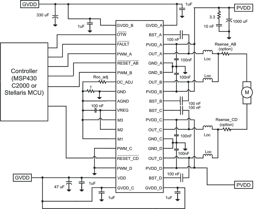 DRV8412 DRV8432 Application Diagram Example for Parallel Full Bridge Mode Operation Schematic