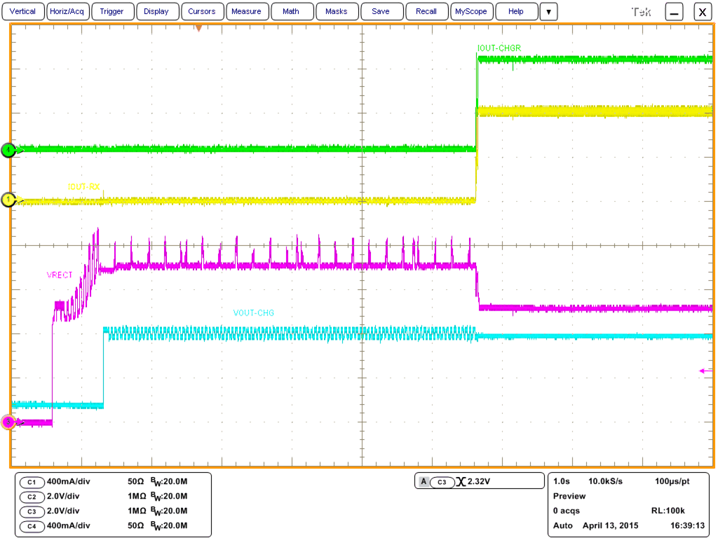 BQ51013C 启用无线电源后，插入电池情况下的系统启动 (1s/div)