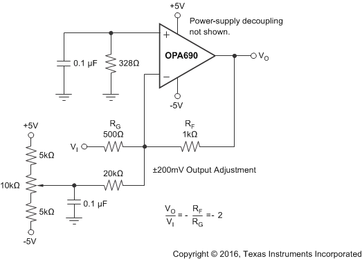 OPA690 DC-Coupled, Inverting Gain of –2 V/V, With Offset Adjustment