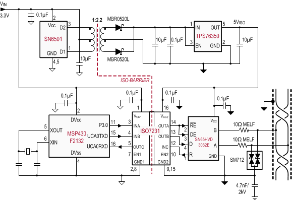 ISO7230C ISO7231C ISO7231M Isolated RS-485 Application Circuit