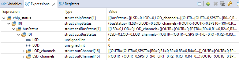 LP5891Q1EVM LP5891-Q1 观察表达式 chip_status（无错误）的示例