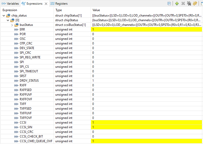 LP5891Q1EVM LP5891-Q1 与 LP5899 配对使用时具有 CCSI 故障的 Expression chip_status 示例