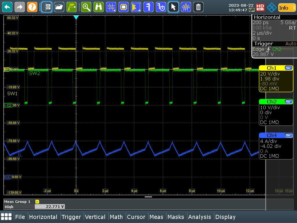 LM51772EVM SW1、SW2、IL（VIN = 16V，IOUT = 5.0A）