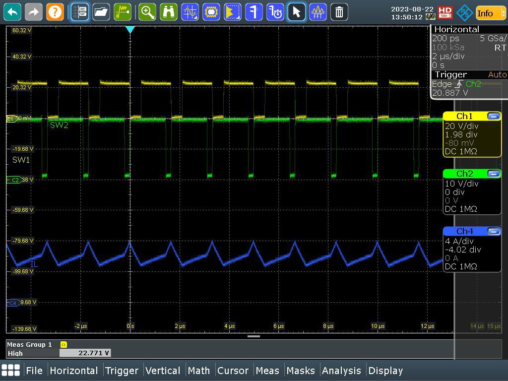 LM51772EVM SW1、SW2、IL（VIN = 24V，IOUT = 5.0A）