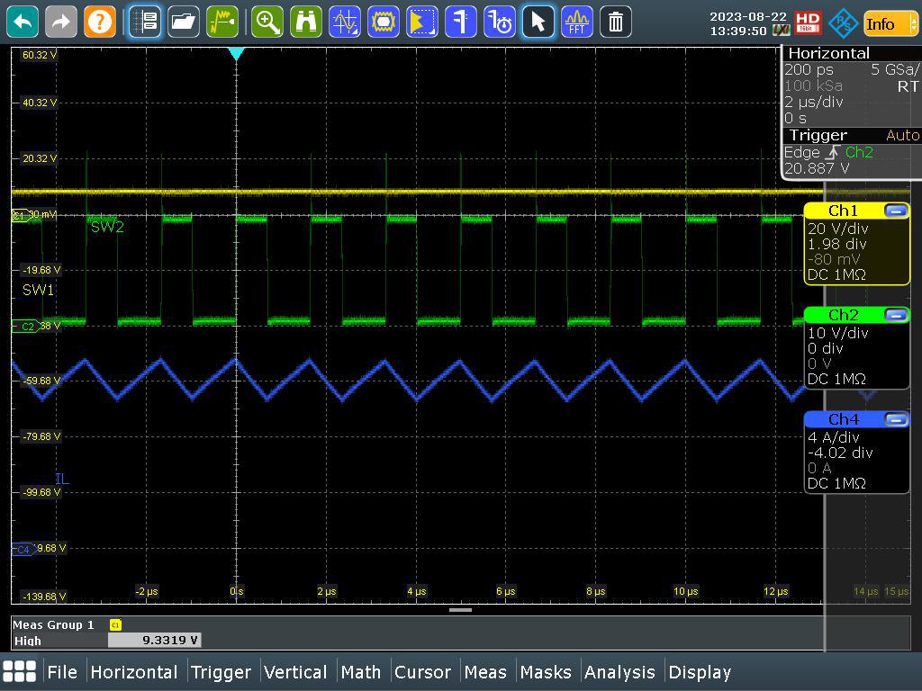 LM51772EVM SW1、SW2、IL（VIN = 9V，IOUT = 5.0A）