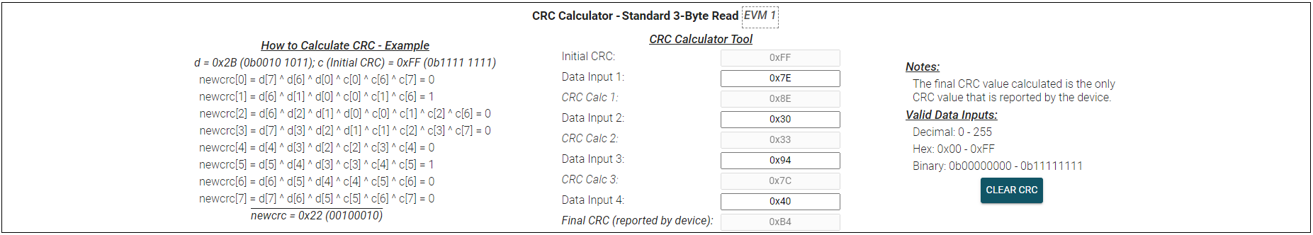 TMAG3001EVM 最终 CRC 计算结果