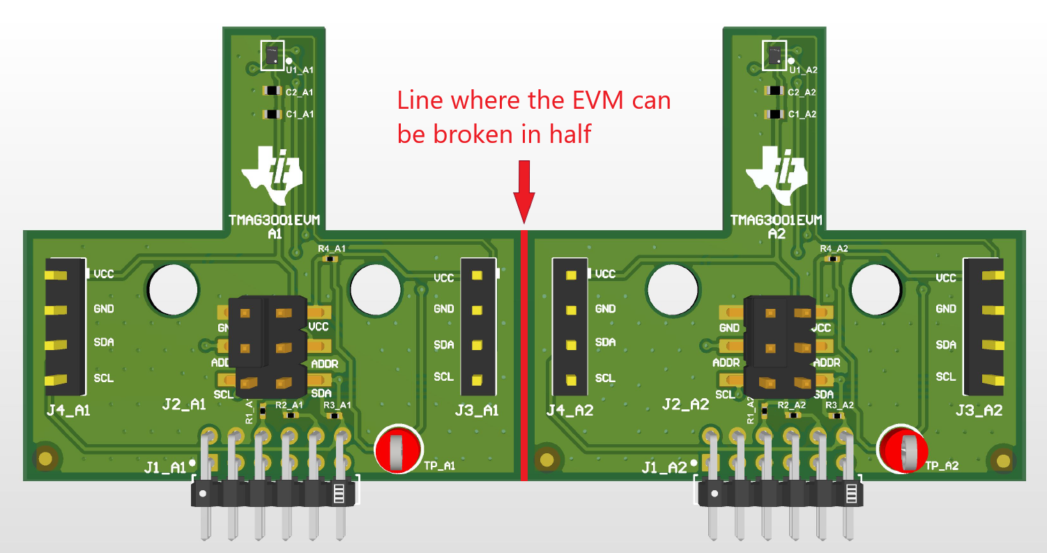 TMAG3001EVM A1 和 A2 仍连接在一起的 TMAG3001EVM