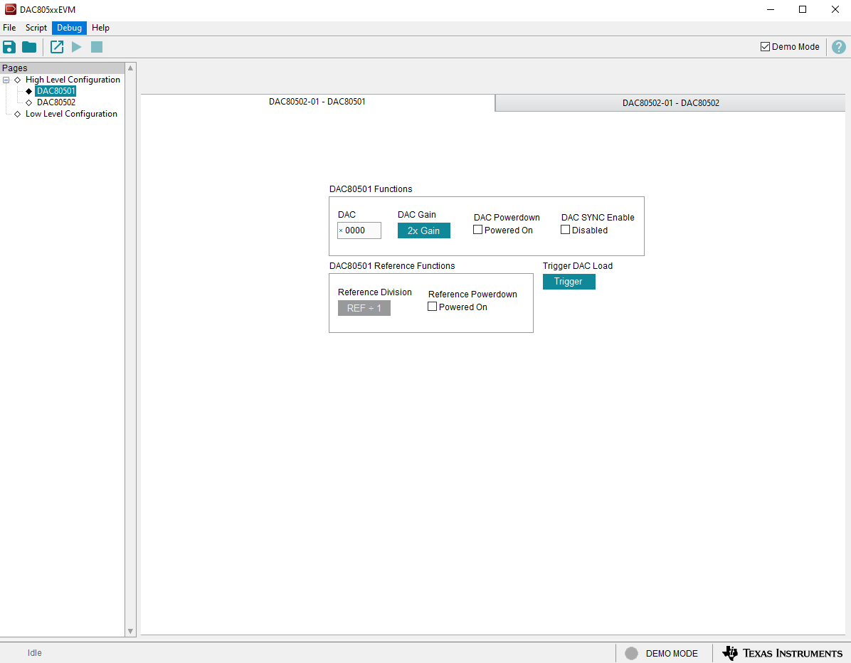 DAC80502-01EVM “High Level Configuration”页面的“DAC80501”选项卡