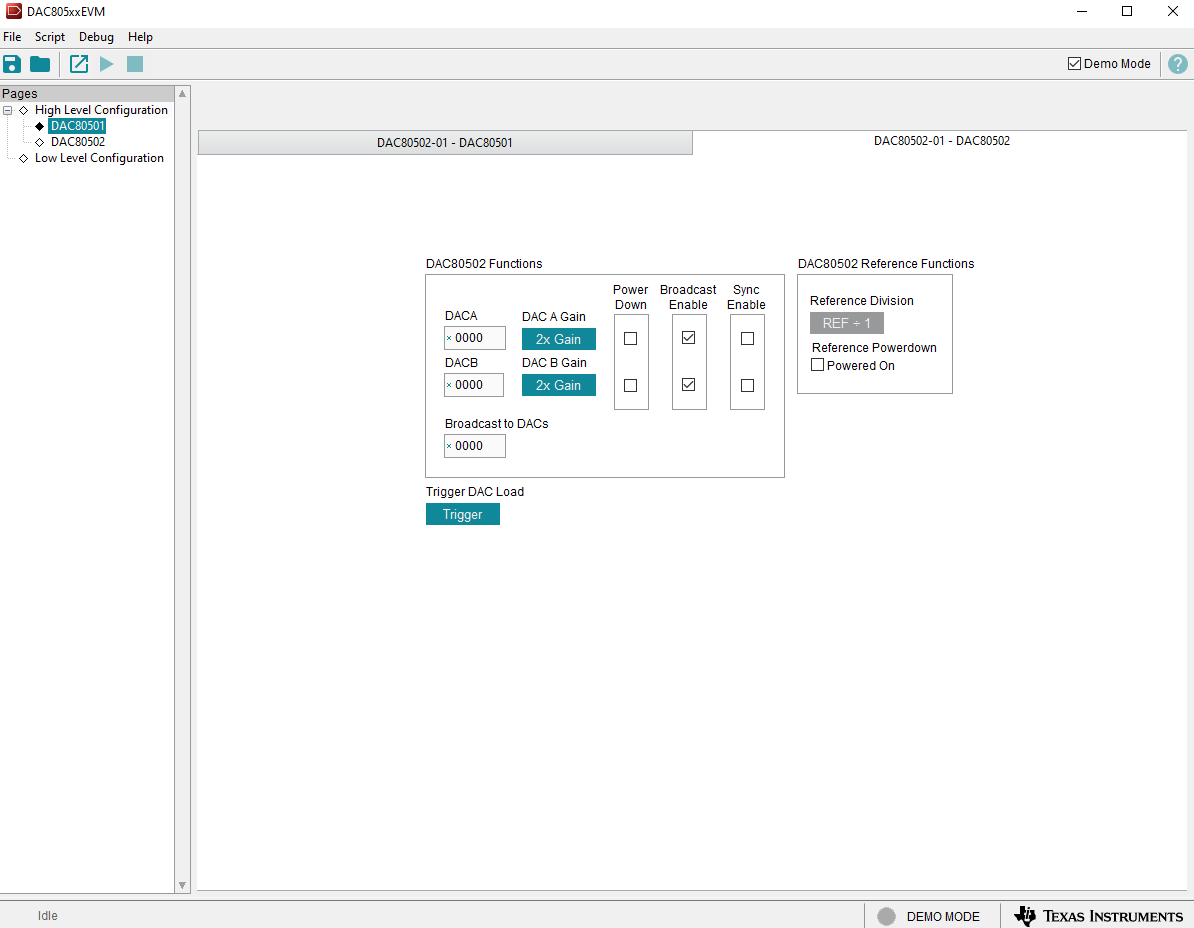 DAC80502-01EVM “High Level Configuration”页面的“DAC80502”选项卡