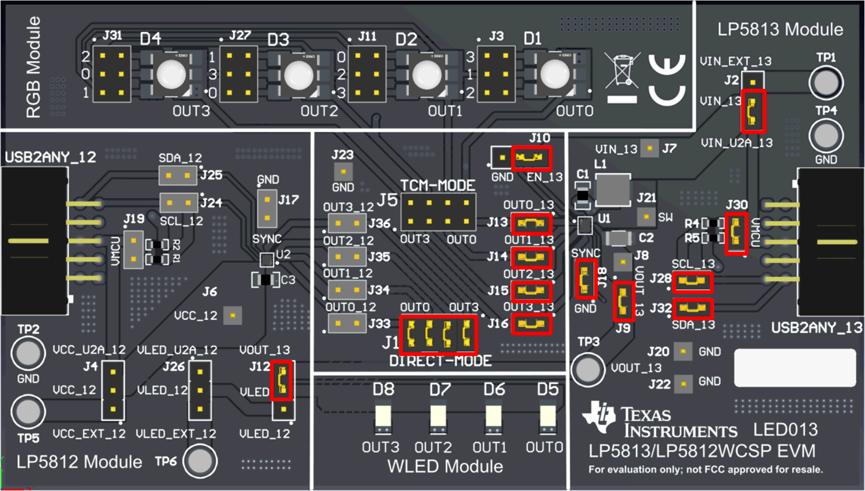 LP5813EVM LP5812EVM LP5813 直接模式、启用升压功能、不使用外部电源