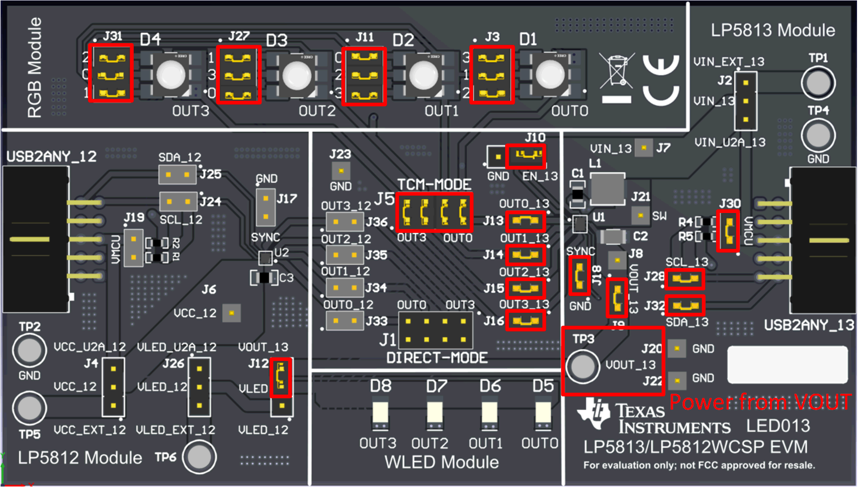 LP5813EVM LP5812EVM LP5813 4 次扫描 TCM 模式、禁用升压功能、使用外部电源