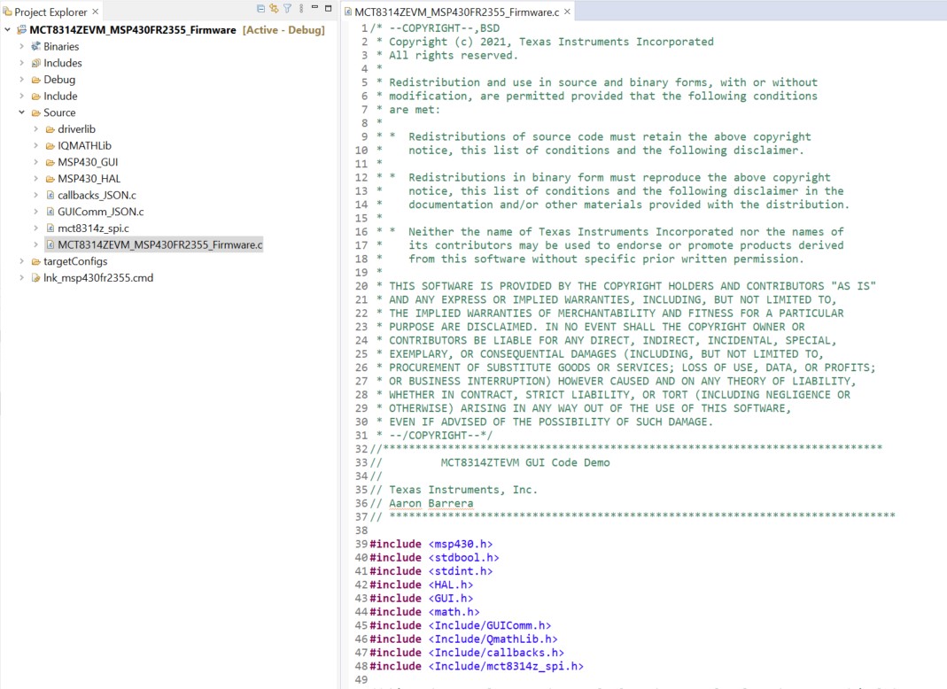 MCT8314ZEVM Code Composer Studio 中的 MSP430FR2355 接口固件代码