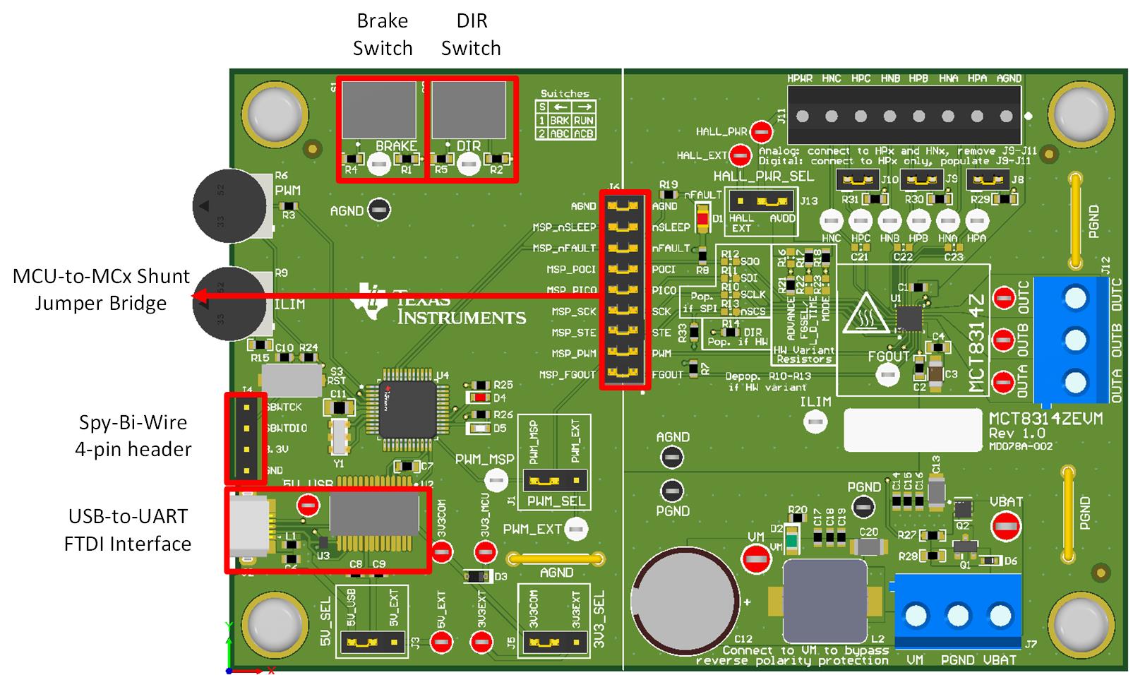 MCT8314ZEVM MCT8314ZEVM 上的 MSP430FR2355 MCU