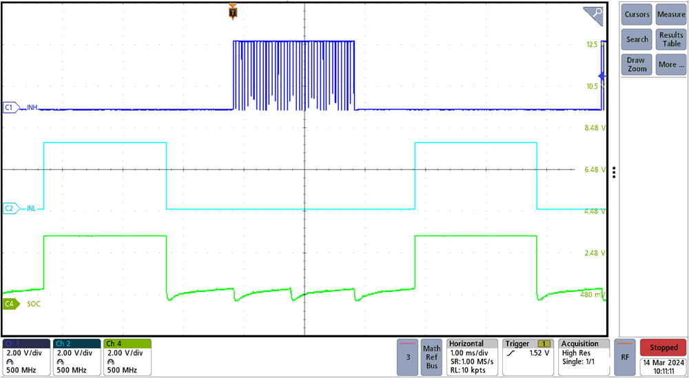 TIDA-010950 电机运行期间 DRV8316C 的 INH、INL 和 SOx (OTL)