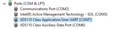 IWRL6432AOPEVM, AWRL6432AOPEVM 安装 XDS 驱动程序后的虚拟 COM 端口