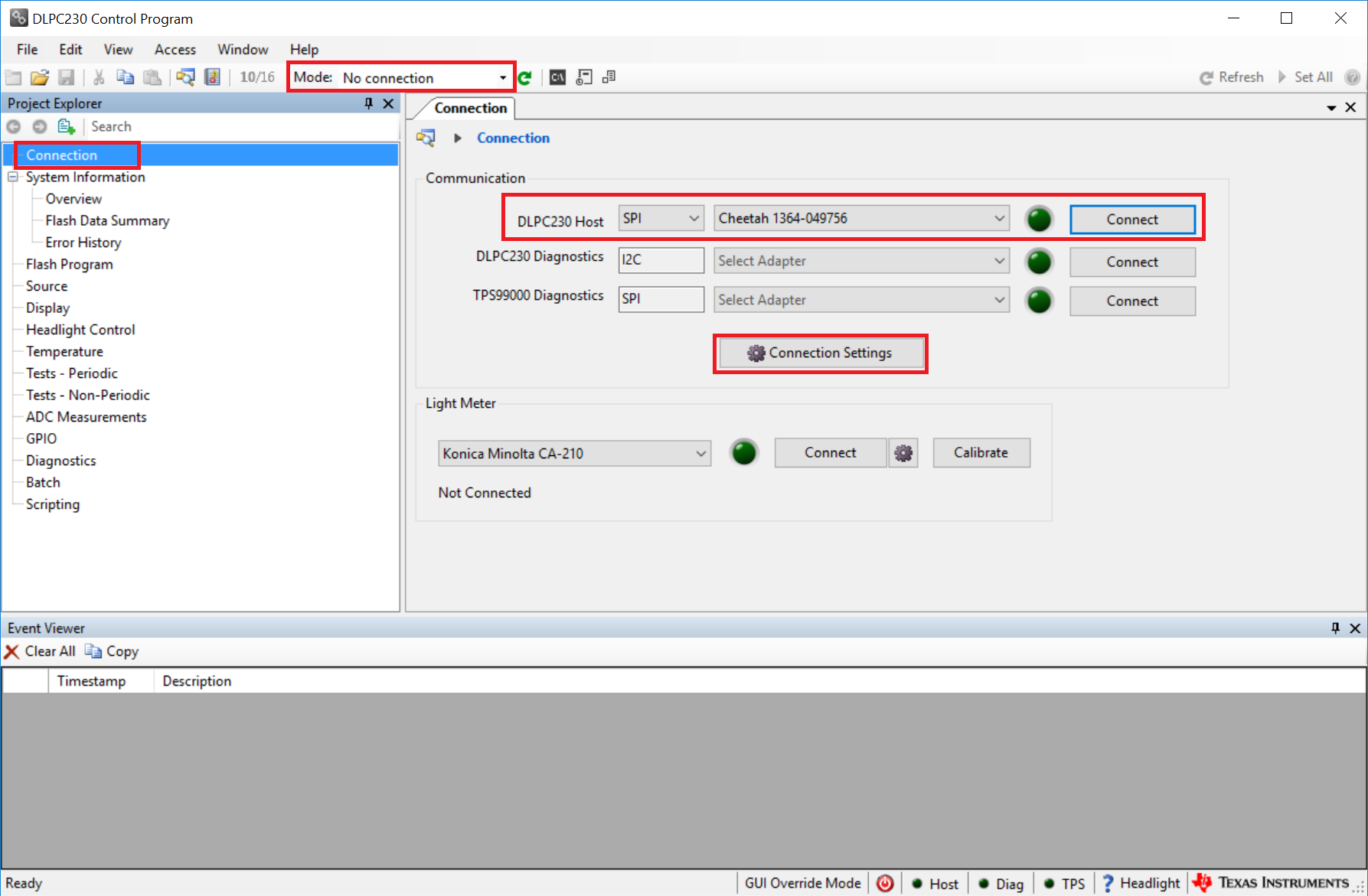 DLP4620SQ1EVM DLP4621Q1EVM 使用 DLPC230-Q1 Automotive Control Program 连接到 DLPC230-Q1