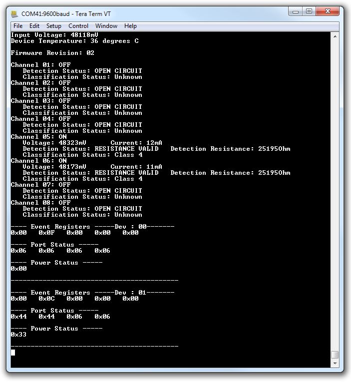 TPS23881B1EVM 具有已连接端口的终端响应