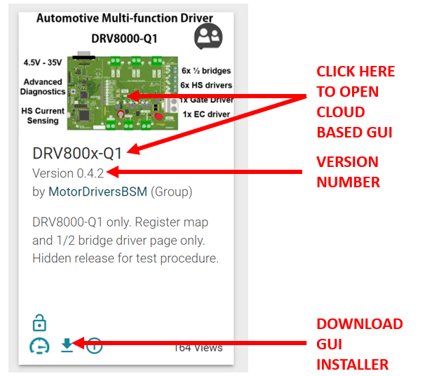 DRV8000-Q1EVM, 启动或下载本地安装程序的 TI GUI Composer 库结果