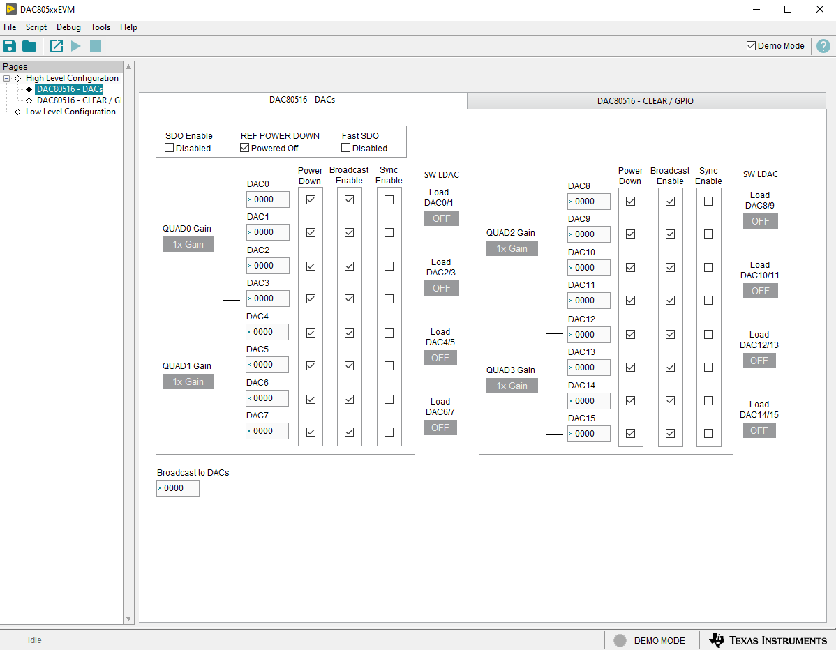 DAC80516EVM “High Level Configuration”页面的“DAC80516 DACs”选项卡