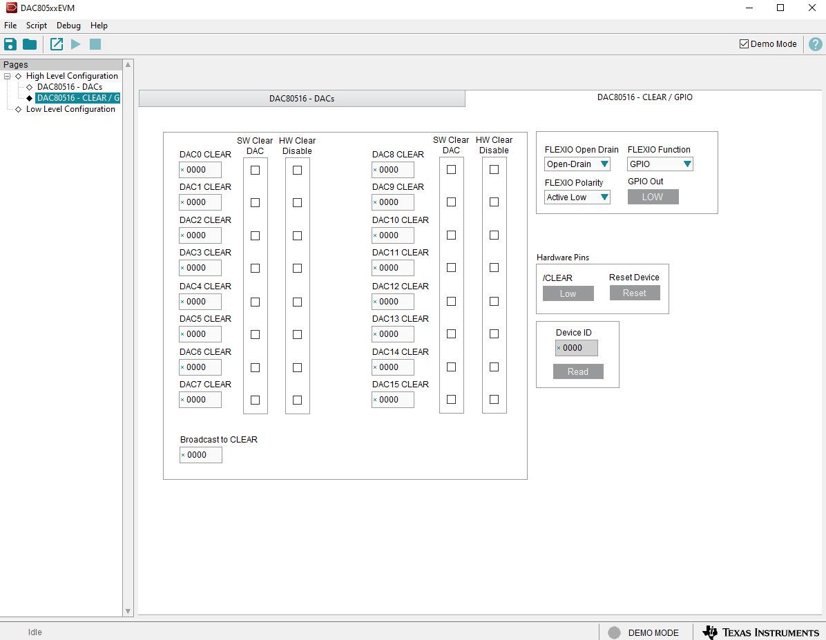 DAC80516EVM “High Level Configuration”页面的“DAC80516 CLEAR/GPIO”选项卡