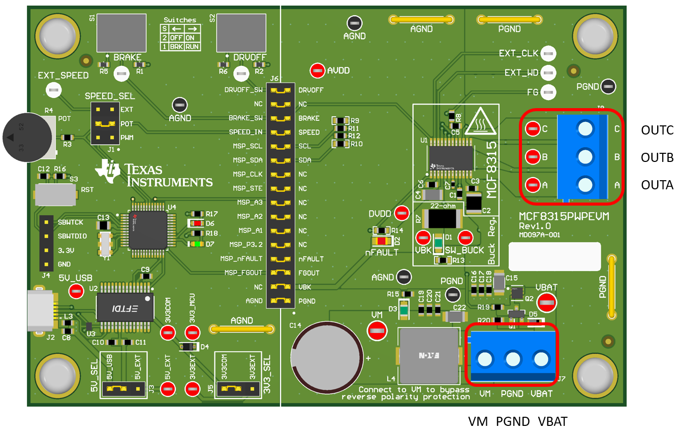 MCF8315PWPEVM 从电机到 MCF8315PWPEVM 的连接