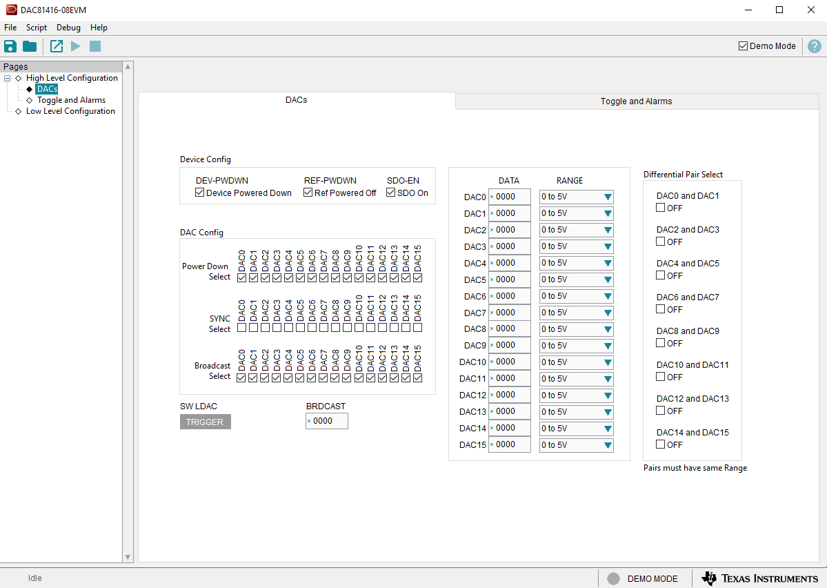 DAC81416-08EVM “顶层配置”页面的“DAC”选项卡