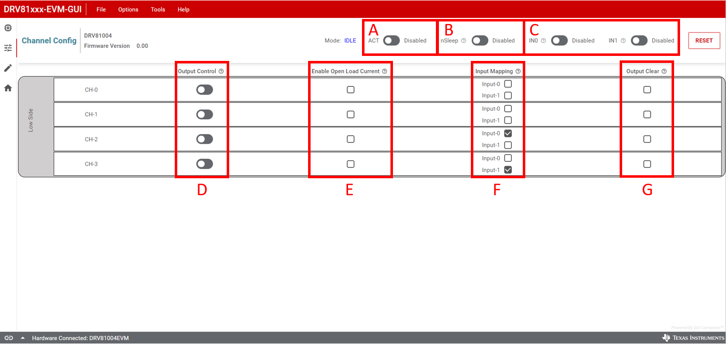 DRV81008-Q1EVM, DRV81602-Q1EVM, DRV81242-Q1EVM,  DRV81004-Q1 GUI 通道配置页面