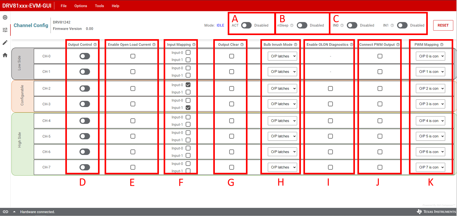 DRV81008-Q1EVM, DRV81602-Q1EVM, DRV81242-Q1EVM,  DRV81242-Q1 GUI 通道配置页面