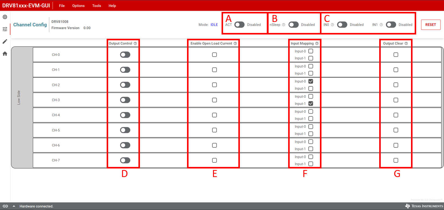 DRV81008-Q1EVM, DRV81602-Q1EVM, DRV81242-Q1EVM,  DRV81008-Q1 GUI 通道配置页面