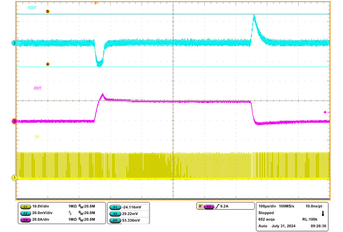 TPS544E27EVM 负载瞬态响应，FCCM，0A 至 20A 负载阶跃，2A/µs