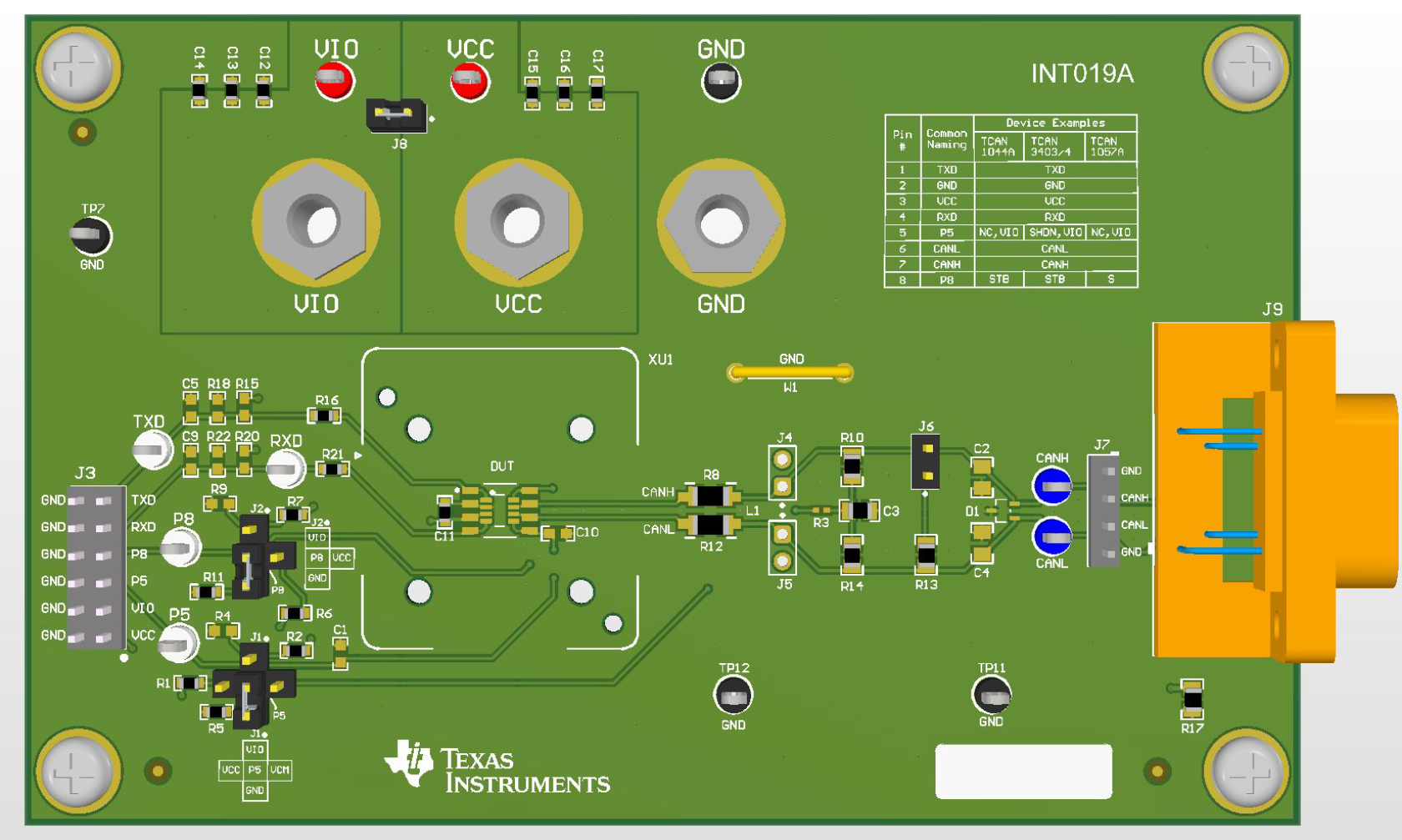 TCAN-SOIC8-EVM EVM 布局（顶视图）