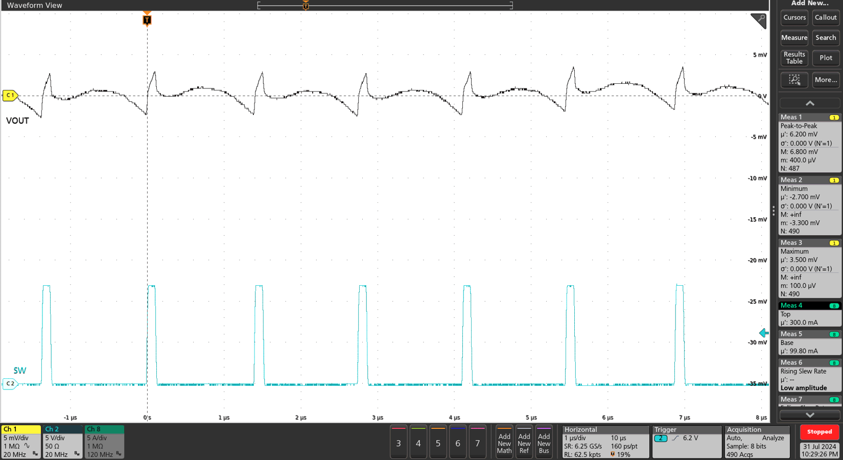 TPS548B23EVM 输出纹波 – 10mA 负载，FCCM 模式