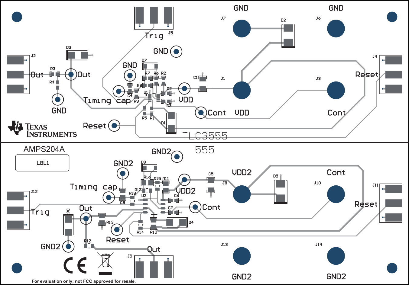 TLC3555EVM TLC3555EVM PCB 布局顶部复合视图