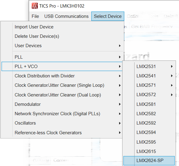 LMX2624SPEVM 在TICS Pro 中选择器件