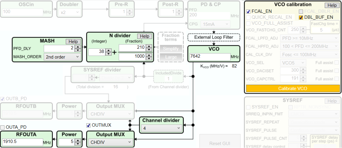 LMX2624SPEVM 无辅助 VCO 开关配置